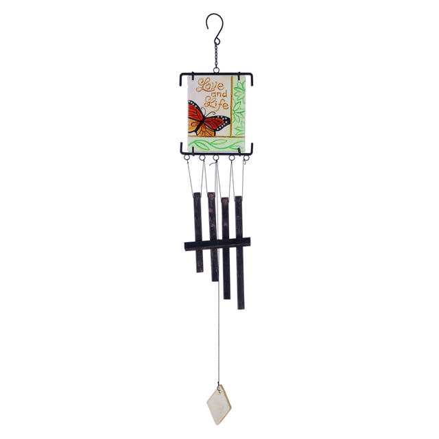 30 inch rectangular stain glass butterfly with square iron tube wind chime